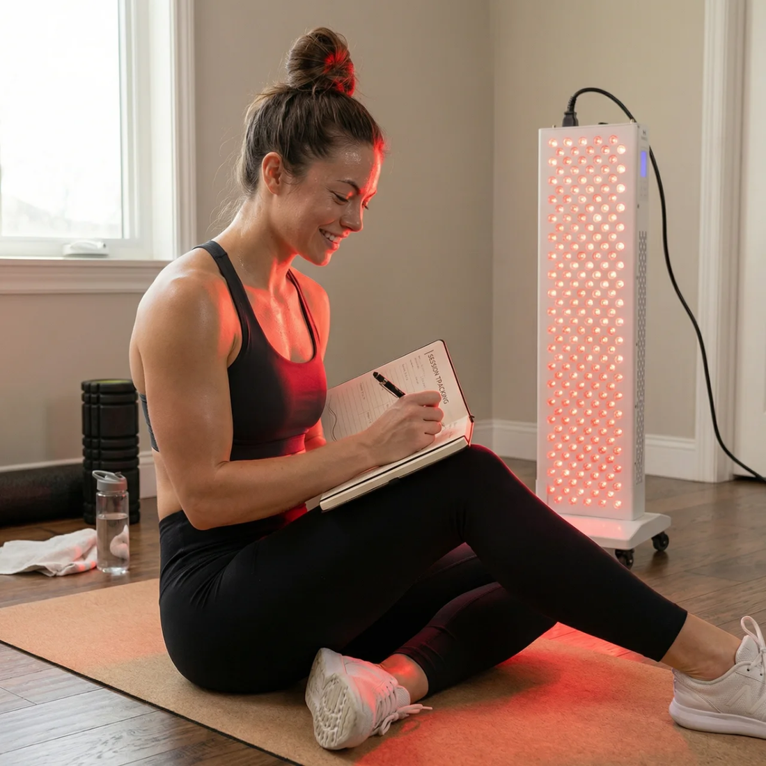 Vrouw gebruikt een red light therapy lamp thuis voor herstel, ontspanning en huidondersteuning