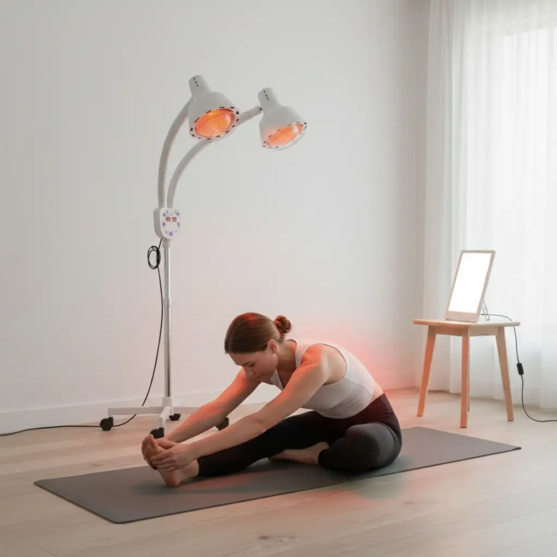 Vrouw die stretcht op een yogamat onder een dubbele infraroodlamp in een rustige thuisomgeving.