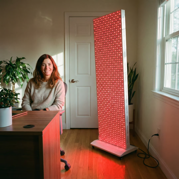 Roodlichttherapie paneel thuis als voorbeeld van irradiantie en afstand voor comfortabele sessies