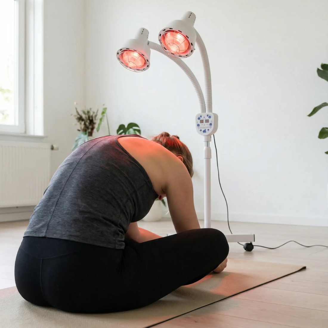 Person sitting on a yoga mat using a double infrared lamp for gentle warmth at home