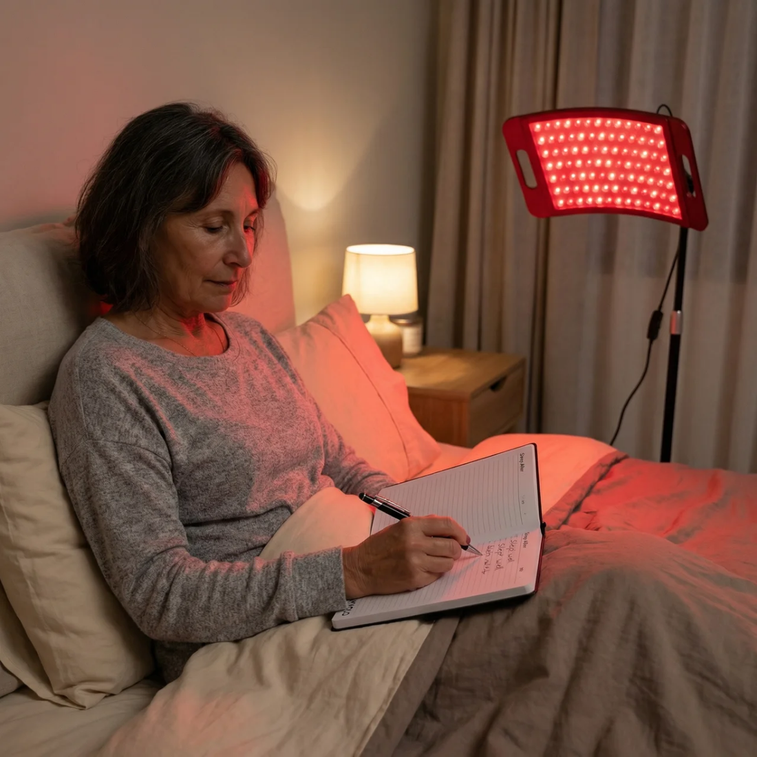 Vrouw gebruikt roodlichttherapie thuis in een rustige slaapkameromgeving