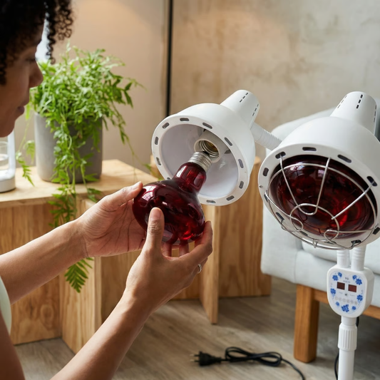 Persoon draait een rode infraroodlamp in een warmtelamp als voorbeeld van lichtgebruik in een ondersteunende thuisroutine