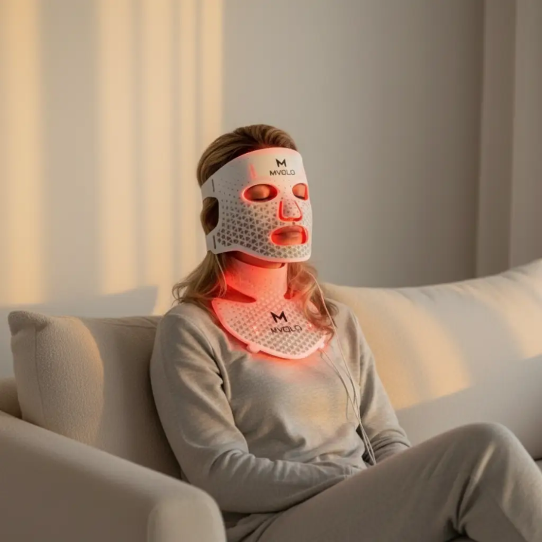 Vrouw die ontspant met een Mvolo rood licht masker en nekpaneel op de bank.
