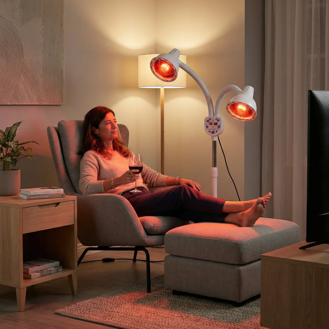 Vrouw ontspant in fauteuil met infraroodlampen gericht op het lichaam, warme lichttherapie voor rugpijn en spierontspanning thuis