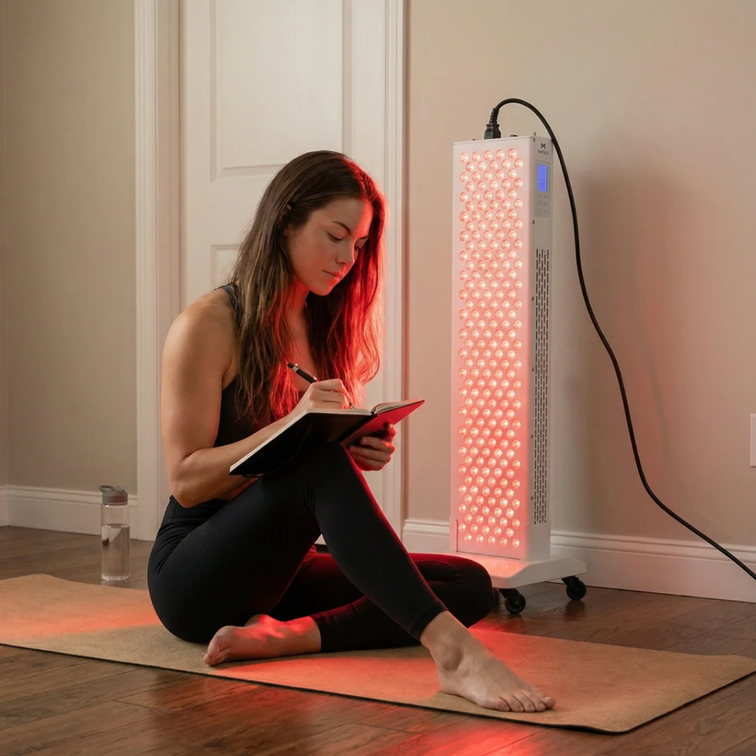 Woman sitting on a yoga mat writing in a notebook next to a full-body red light therapy panel at home during a wellness session
