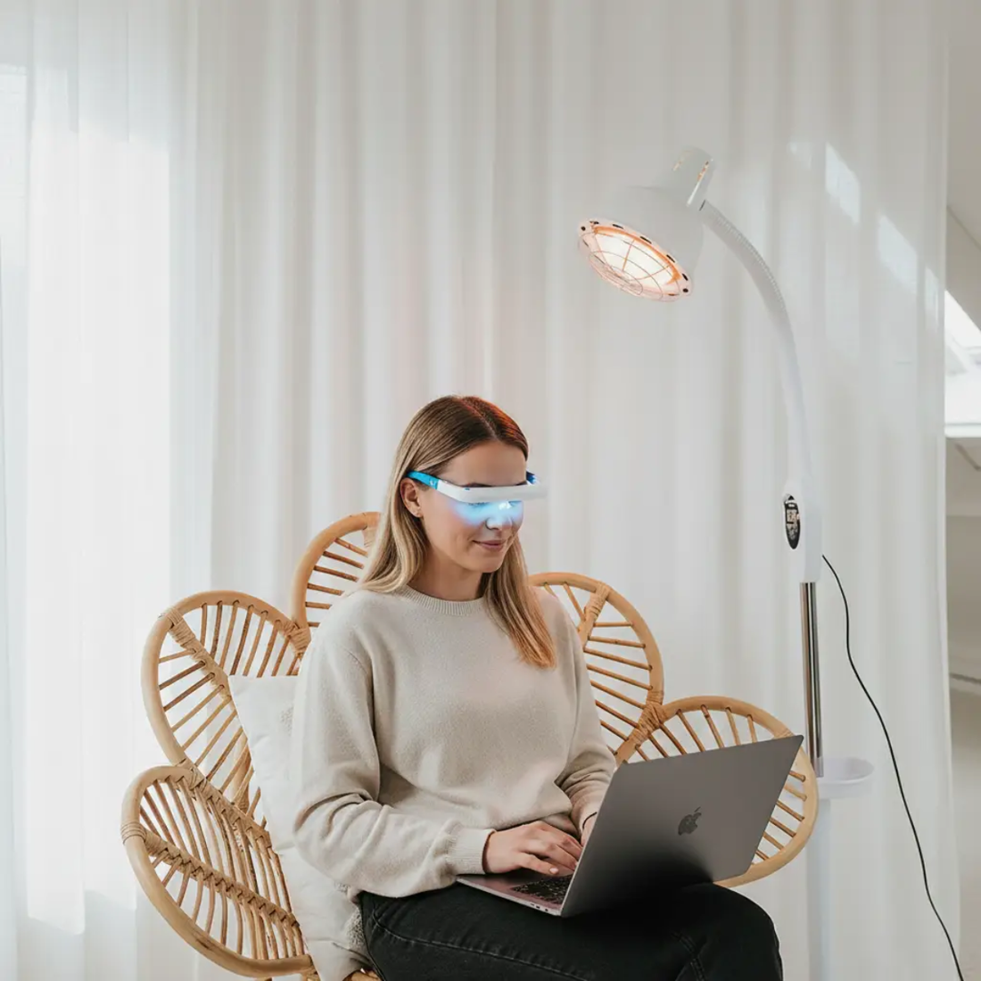 Persoon met daglichttherapiebril terwijl hij of zij op een laptop werkt in een lichte thuisomgeving