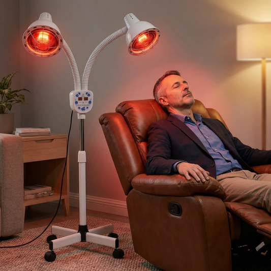 Man ontspant in een fauteuil terwijl een dubbele infraroodlamp warme roodlichttherapie op het lichaam richt.