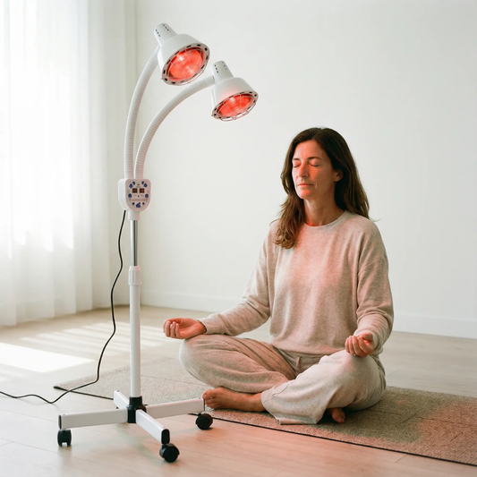 Infrarood: gezond of schadelijk? Vrouw gebruikt infraroodlamp thuis op lage intensiteit