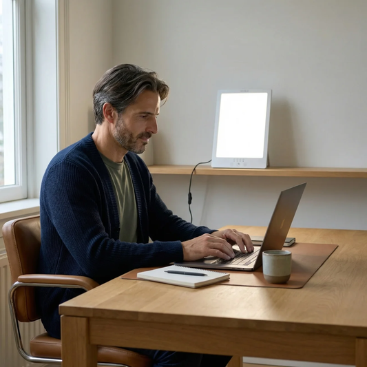 Man werkt aan een houten bureau met laptop naast een Mvolo daglichtlamp, als voorbeeld van een bureau-opstelling voor meer energie en focus overdag
