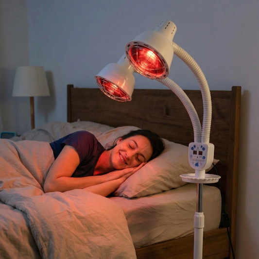 Persoon die in bed ontspant met een roodlichtlamp als onderdeel van een rustige avondroutine om sneller in slaap te vallen