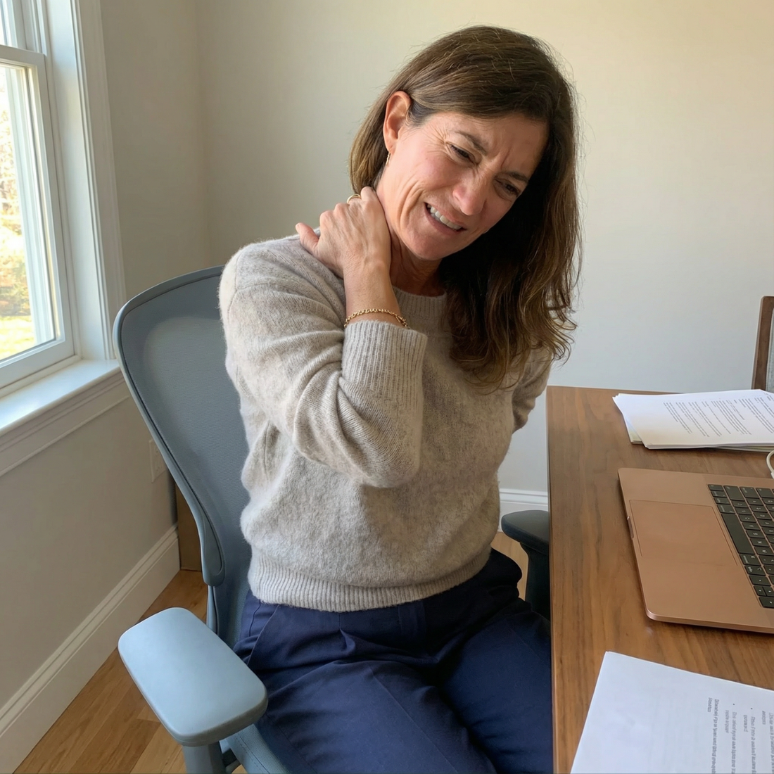 Vrouw aan een bureau met nek- en schouderpijn na zittend werk, kijkt pijnlijk terwijl ze haar nek vasthoudt.