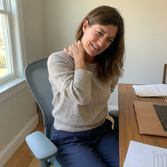 Vrouw aan een bureau met nek- en schouderpijn na zittend werk, kijkt pijnlijk terwijl ze haar nek vasthoudt.