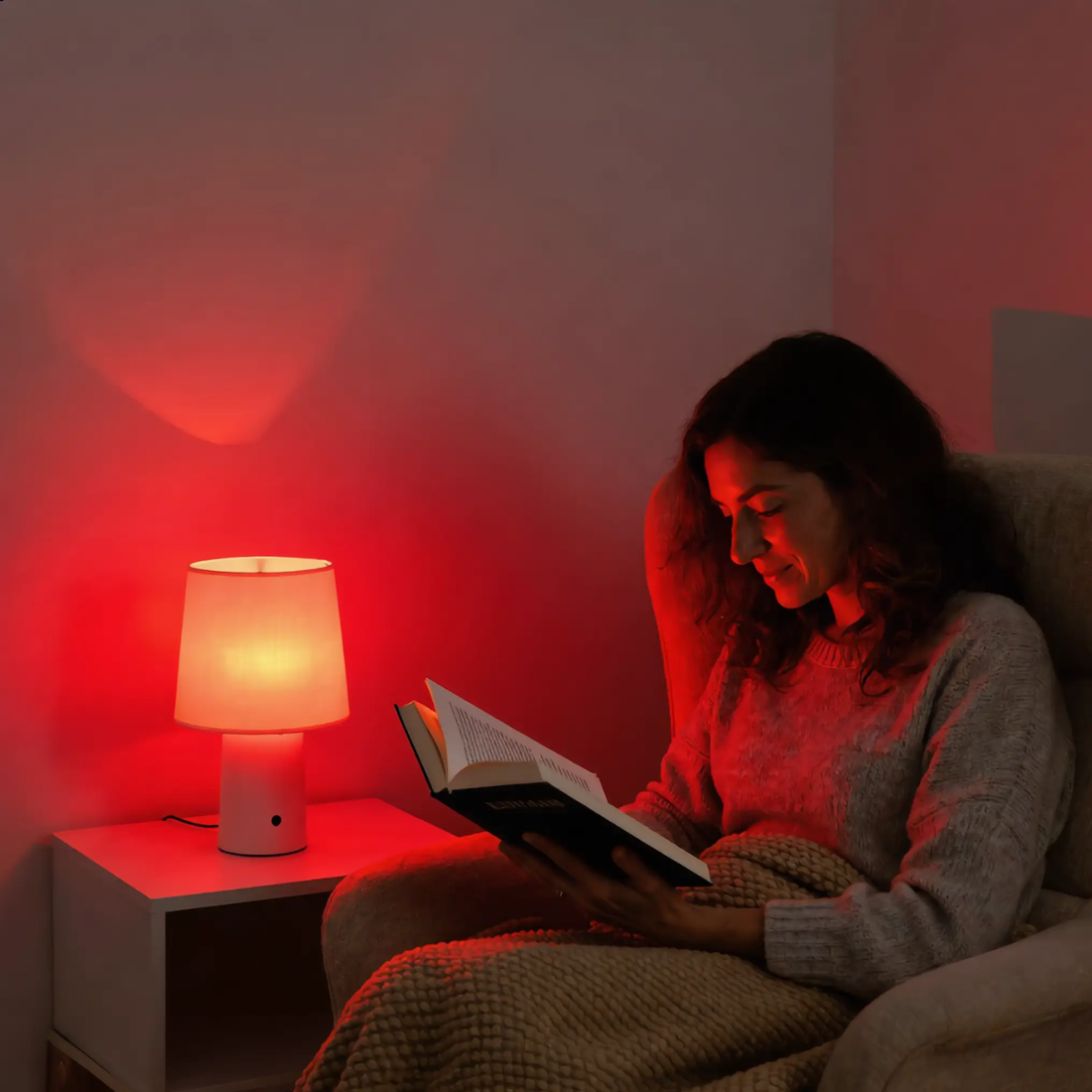Woman reading by red light lamp in the evening to support natural sleep routine