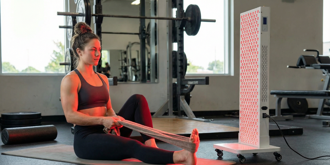 Red light therapy panel for home use in a gym recovery stretch session