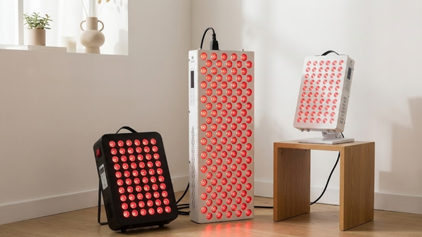 Drie LED roodlichtpanelen met rood licht in een lichte kamer, één klein paneel op de vloer, één hoog staand paneel en één paneel op een kruk.