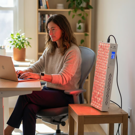 Persoon werkt op een laptop aan een bureau thuis naast een roodlichttherapie-paneel op een bijzettafel.