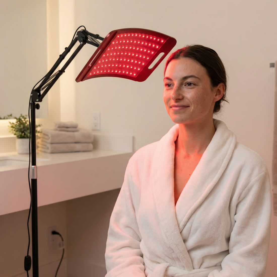 Skin glow meaning gidsafbeelding: vrouw gebruikt een rood licht LED-paneel voor een gezichtsroutine thuis.