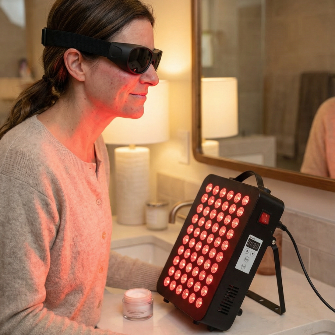 Red light therapy for skin at home using an LED panel while wearing protective goggles