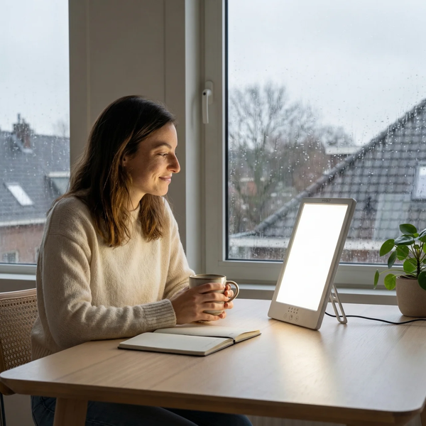 Vrouw lacht aan haar bureau op een grijze regenachtige ochtend met een warme drank naast de Mvolo Lucent Bright daglichtlamp, ter ondersteuning van haar energie en circadiaans ritme in de lente