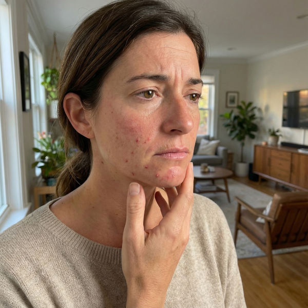 Vrouw met zichtbare acne op wang en kin bekijkt haar huid thuis