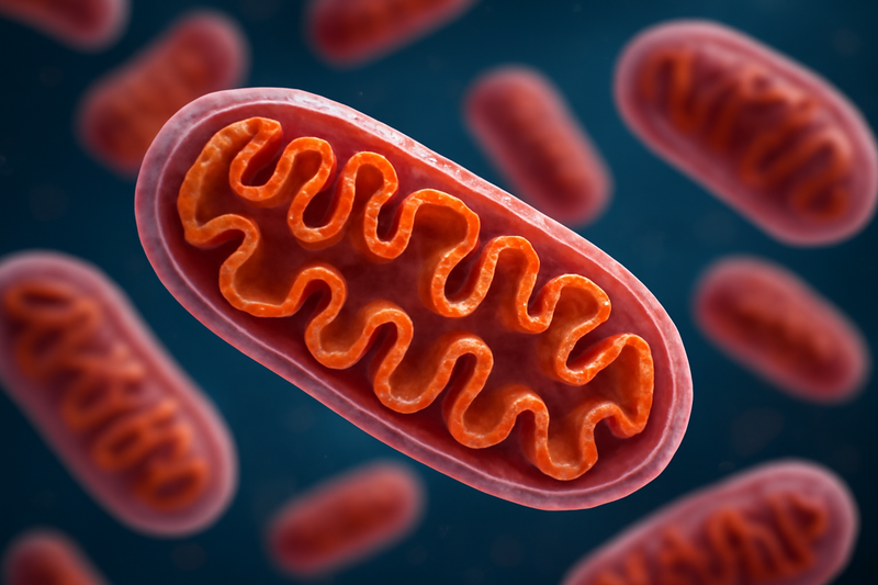 3D-illustratie van een mitochondrion (energiecentrale van de cel) met zichtbaar geplooid binnenmembraan.