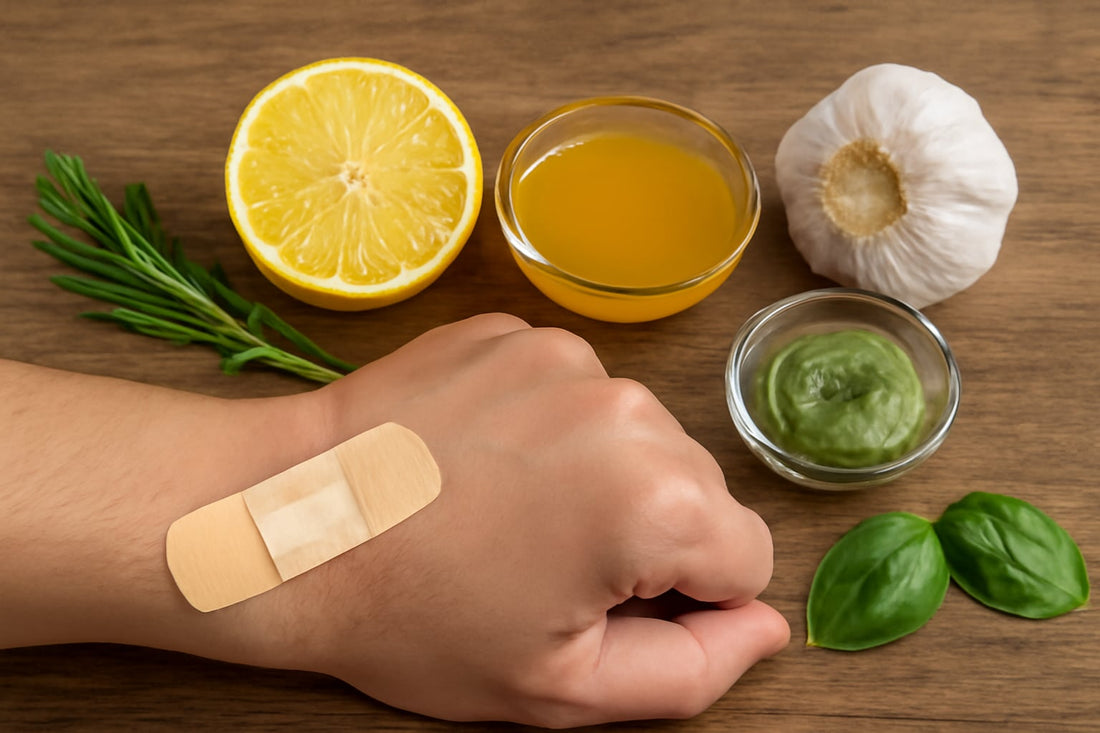 Hand met pleister en natuurlijke ingrediënten zoals citroen, knoflook, honing en kruiden