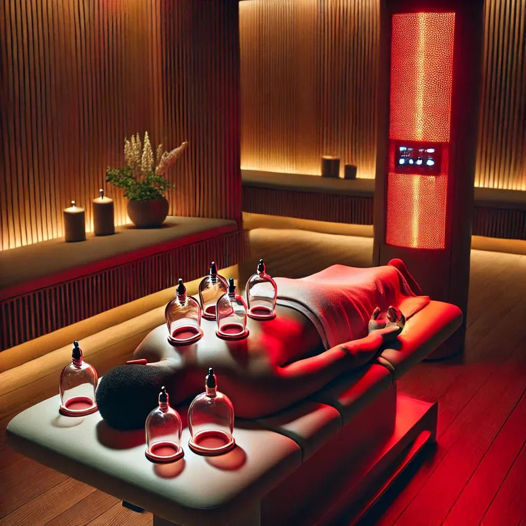 Cupping behandeling met vacuümcups op de rug in combinatie met roodlichttherapie in een wellnessruimte