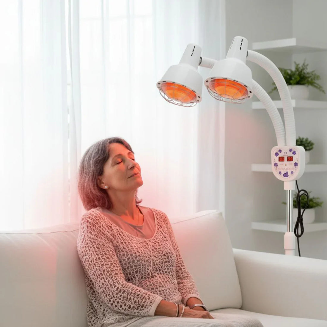 Vrouw die ontspant op de bank onder een dubbele infraroodlamp voor gerichte warmtetherapie thuis.