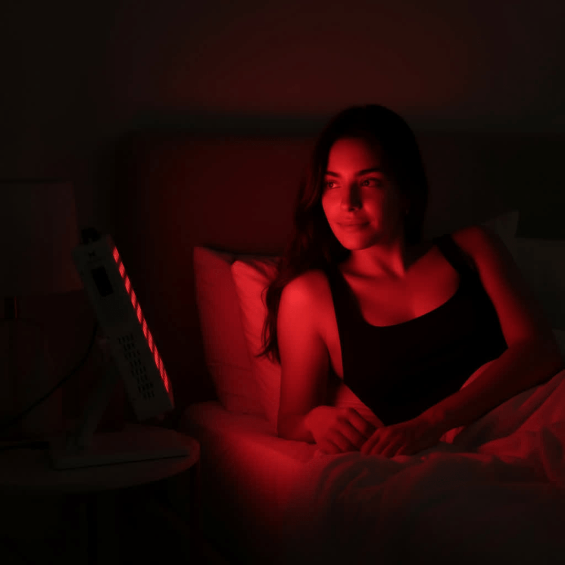 Woman lying in bed at night looking at a red light therapy panel on her nightstand as the red glow illuminates her bedroom for sleep enhancement