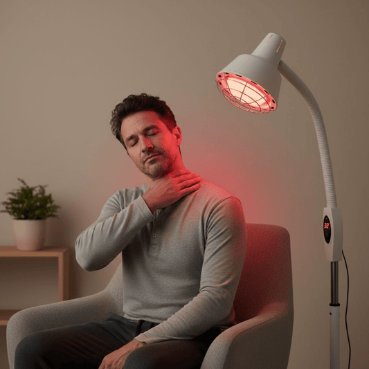 Man op stoel met infraroodlamp gericht op nek en schouders voor warmtetherapie thuis.