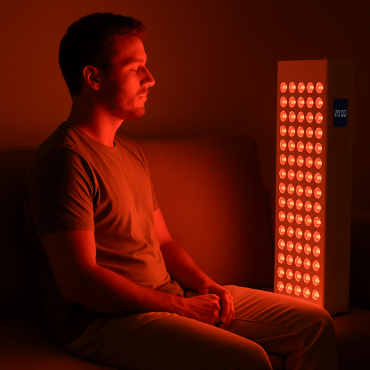 Man gebruikt een roodlichttherapie paneel thuis voor ontspanning en herstel.