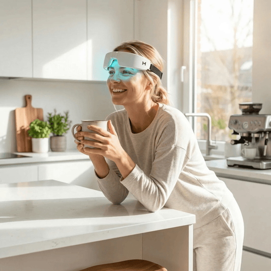 Vrouw gebruikt Mvolo Daglicht Bril PRO draagbare lichttherapiebril tijdens ochtendroutine