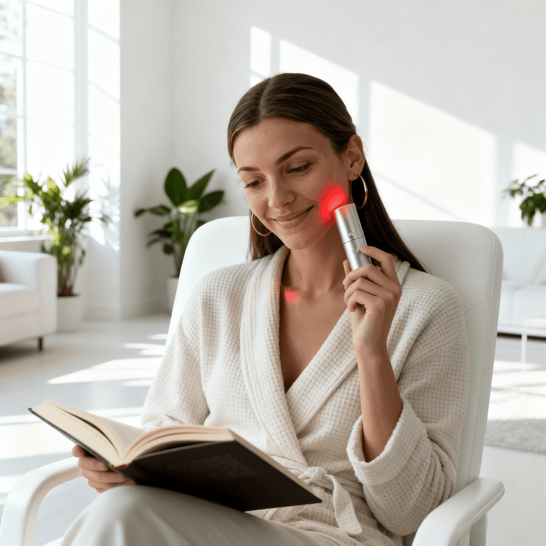 Roodlichttherapie voor beginners met een handheld apparaat op het gezicht