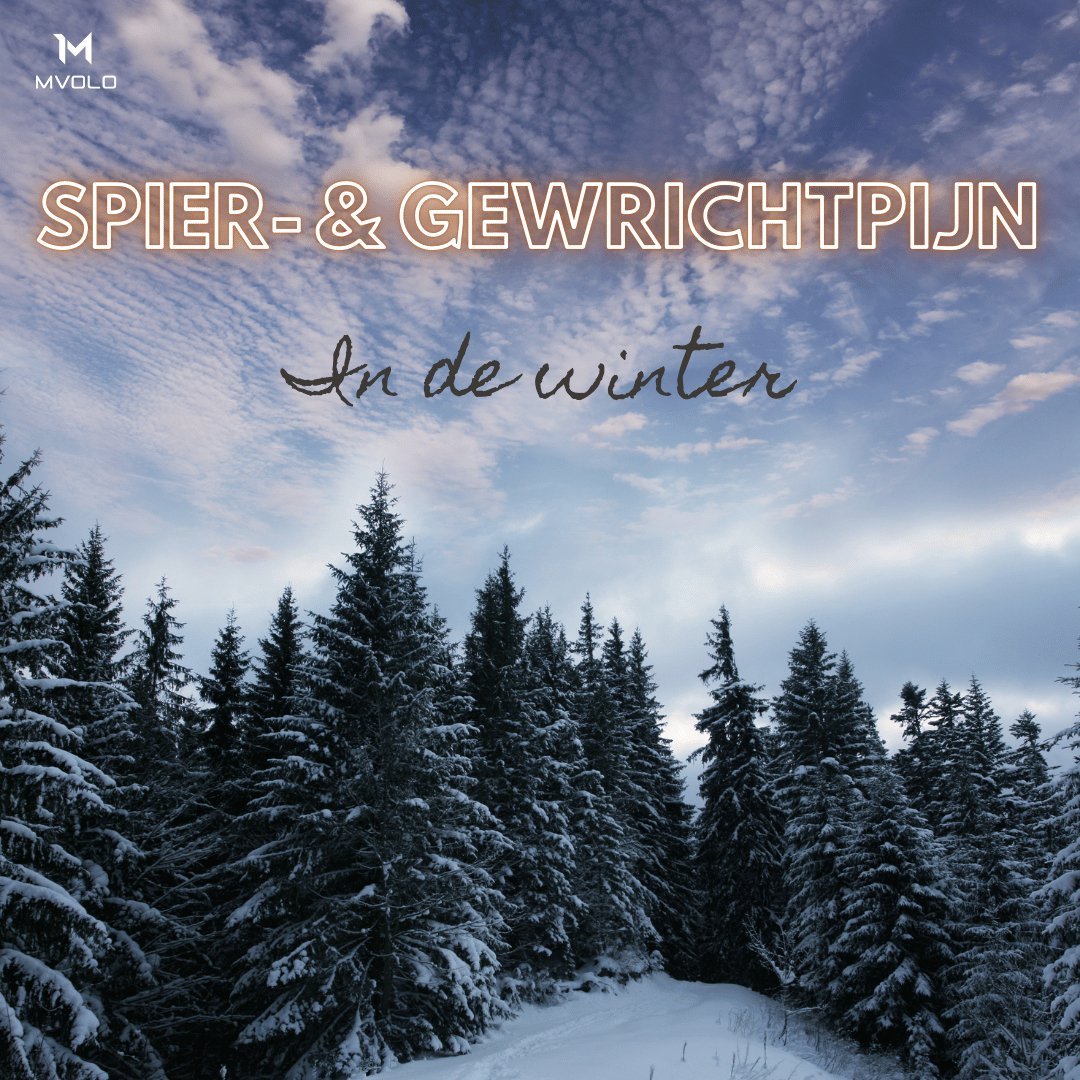 MVOLO headerafbeelding met besneeuwde dennenbomen en de tekst “Spier- & gewrichtpijn in de winter”.
