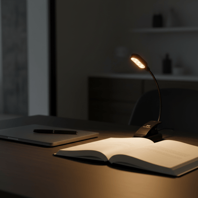 Mvolo Leeslamp PRO biedt warm amberlicht voor comfortabel lezen zonder blauw licht en verstoorde nachtrust.