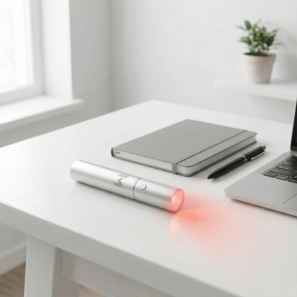 Mvolo ReliefTorch gebruikt 630, 660 & 850 nm licht voor pijnverlichting, herstel & ontspanning, compact en draagbaar.